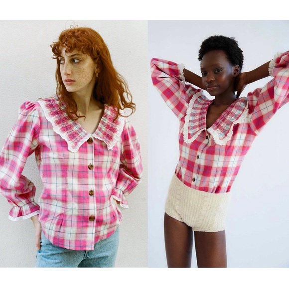 TACH Plaid Lace Trim Embroidered Smocked Peter Pan Collar Ruffle Cuff Top XS - Picture 3 of 16